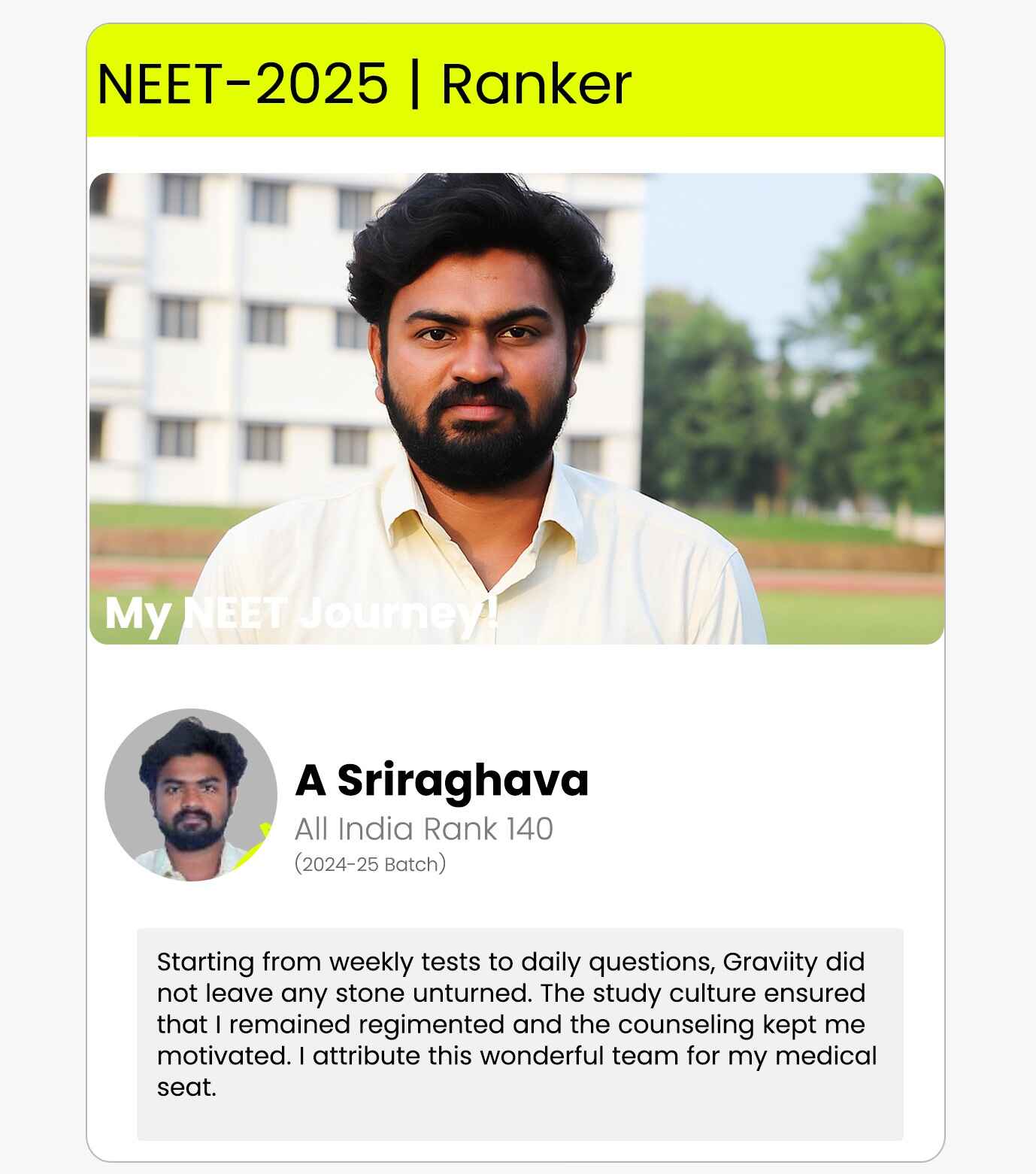 A Sriraghava NEET Ranker - Testimonial