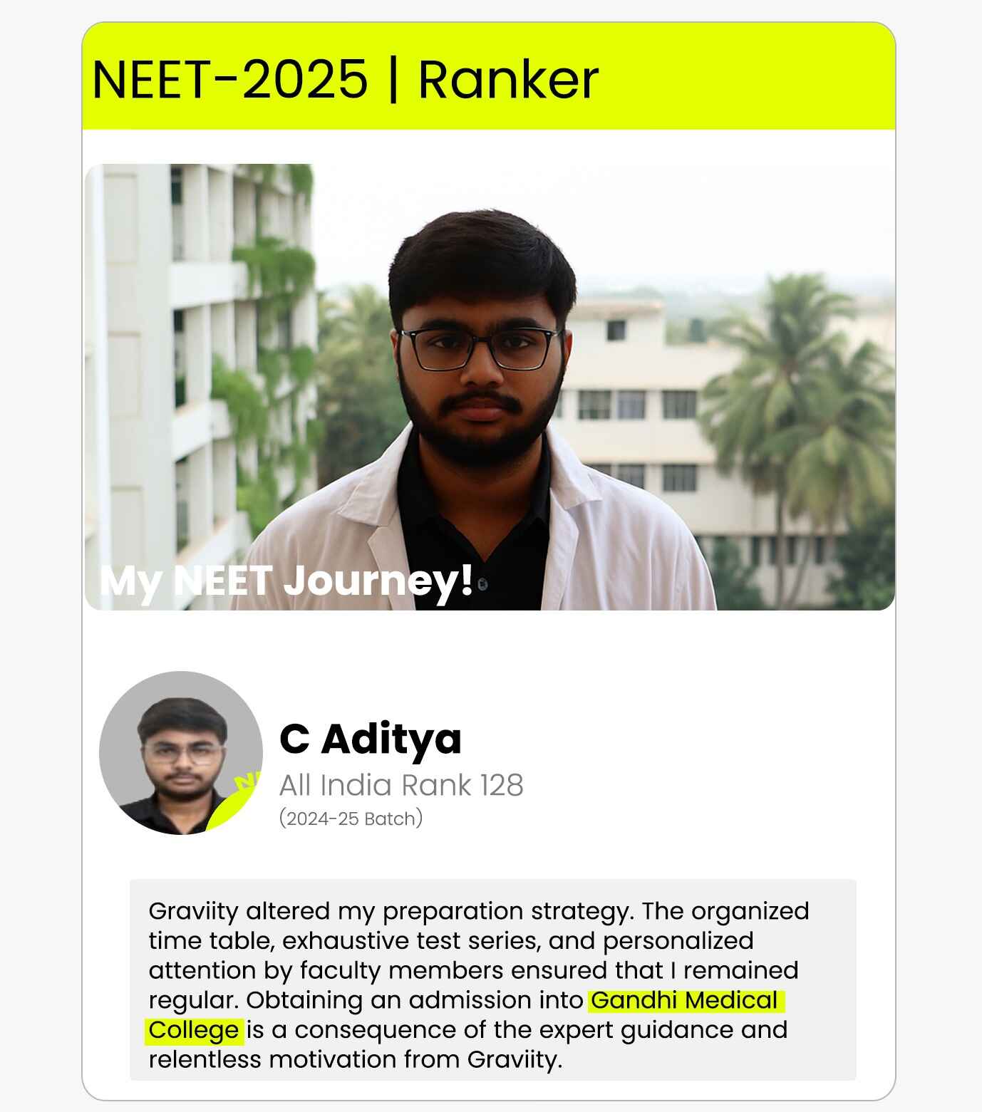 C Aditya NEET Ranker - Testimonial