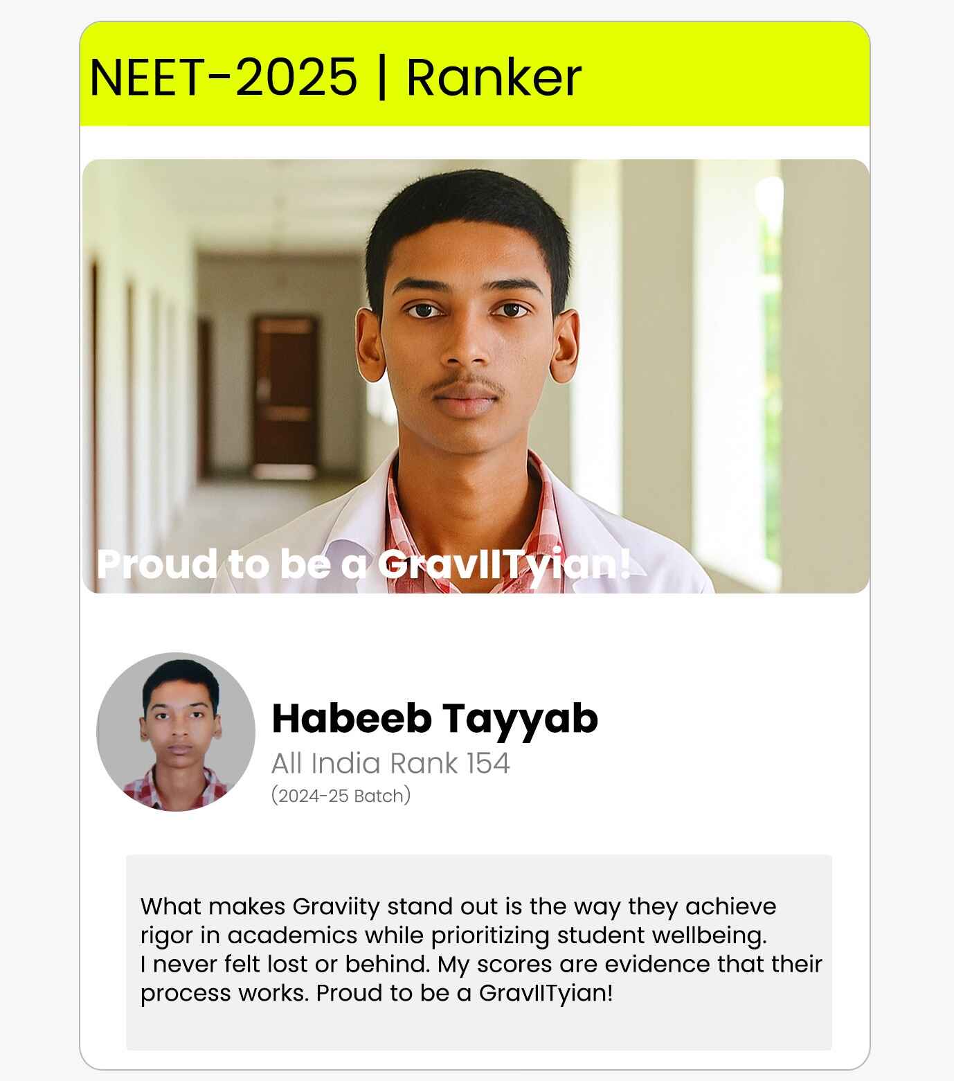 Habeeb Tayyab NEET Ranker - Testimonial