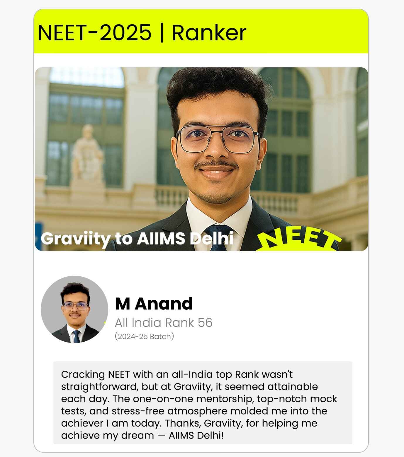 M Anand NEET 56 Ranker - Testimonial