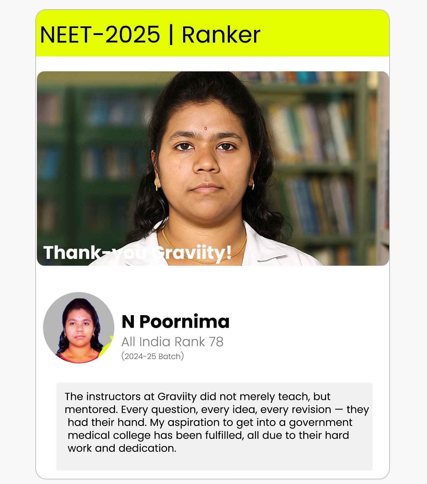 N Poornima NEET Ranker - Testimonial