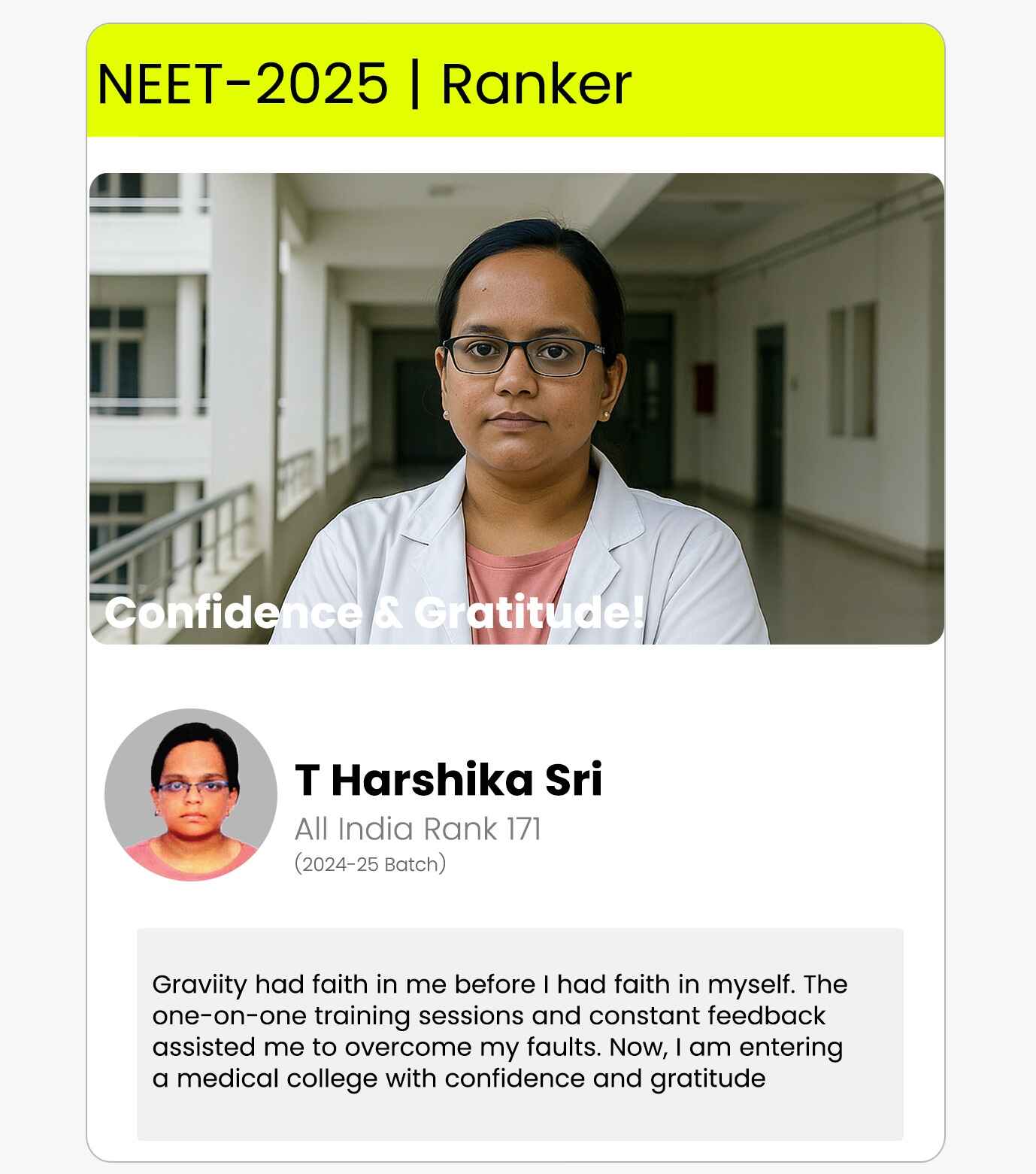 T Harshika NEET Ranker - Testimonial